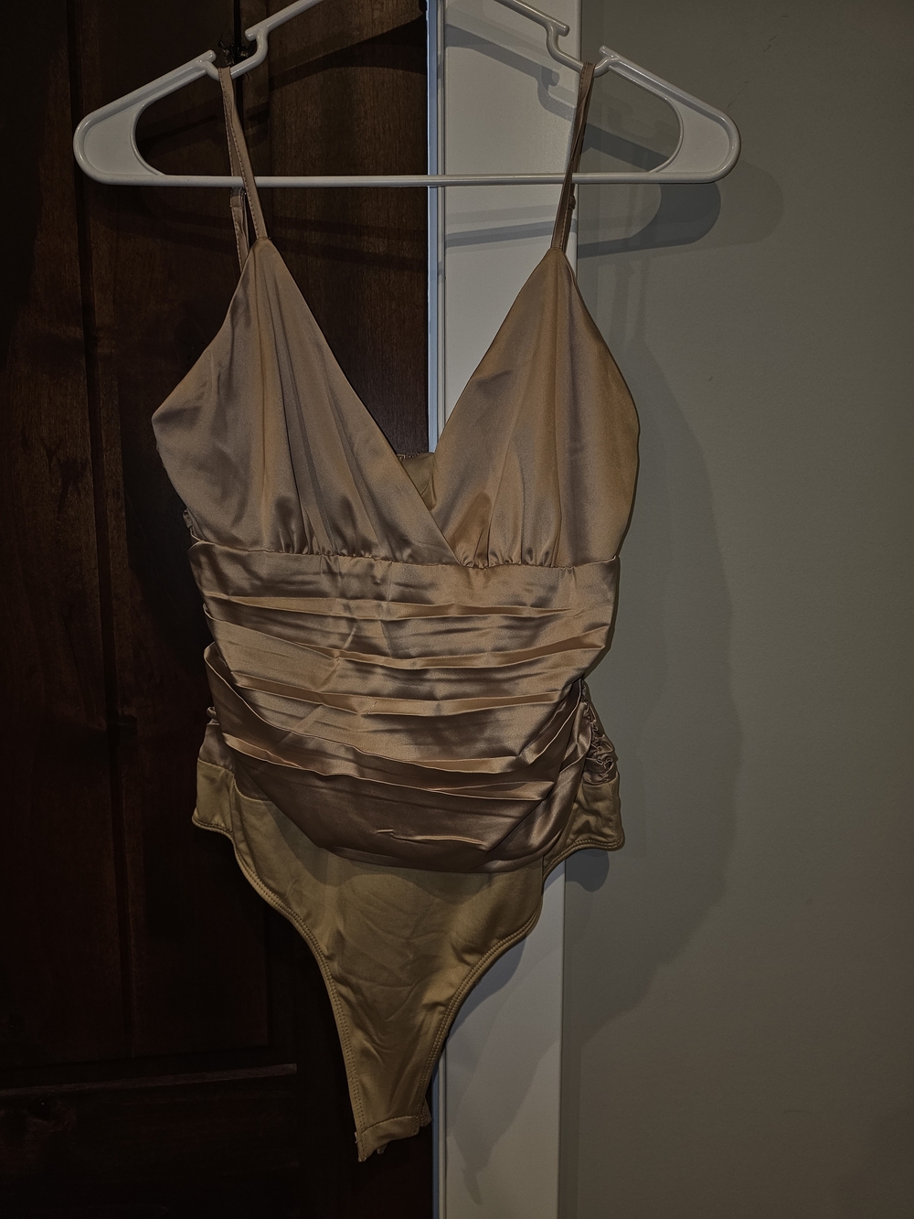 Worn Once - NanaMacs Satin Surplice Bodysuit in Champagne
